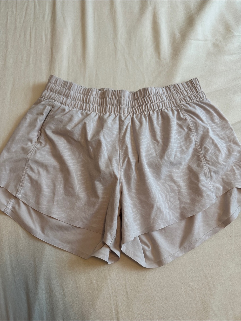 Athleta Soft Taupe/Pinky Overlap-Hem Athletic Shorts